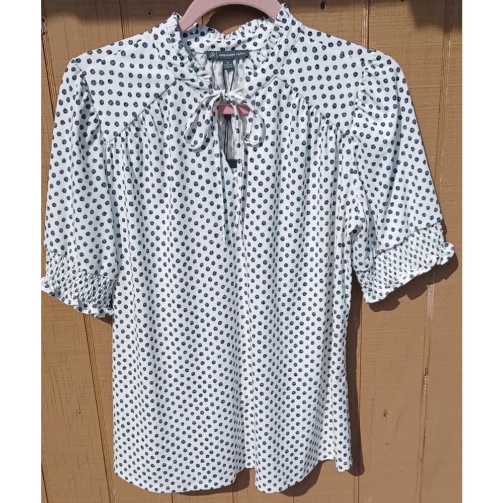 New Adrianna Papell M Ivory Black Dot Tie Neck Smocked Sleeve Blouse Romantic - Picture 2 of 9